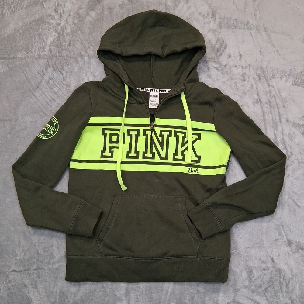 Victorias Secret Womens Sz S/P‎ Olive Green 1/4 Zip Pullover Hooded Sweater